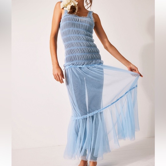 NWT Free People XS Smock About It Slip Baby Blue Sheer Long Slip - Picture 2 of 4
